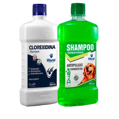 Shampoo Clorexidina ou Shampoo Antiparasitário 500mL ou Sabonete World para Cães e Gatos