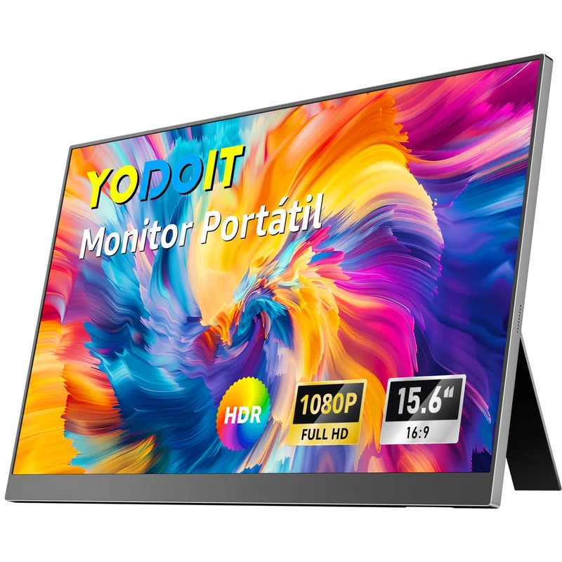 Yodoit Monitor portátil, ecrã IPS de 15,6" 1920×1080P FHD com suporte, conectividade USB-C e HDMI, altifalantes integrados, para computador portátil/PC/Mac/PS3/4/5/Xbox