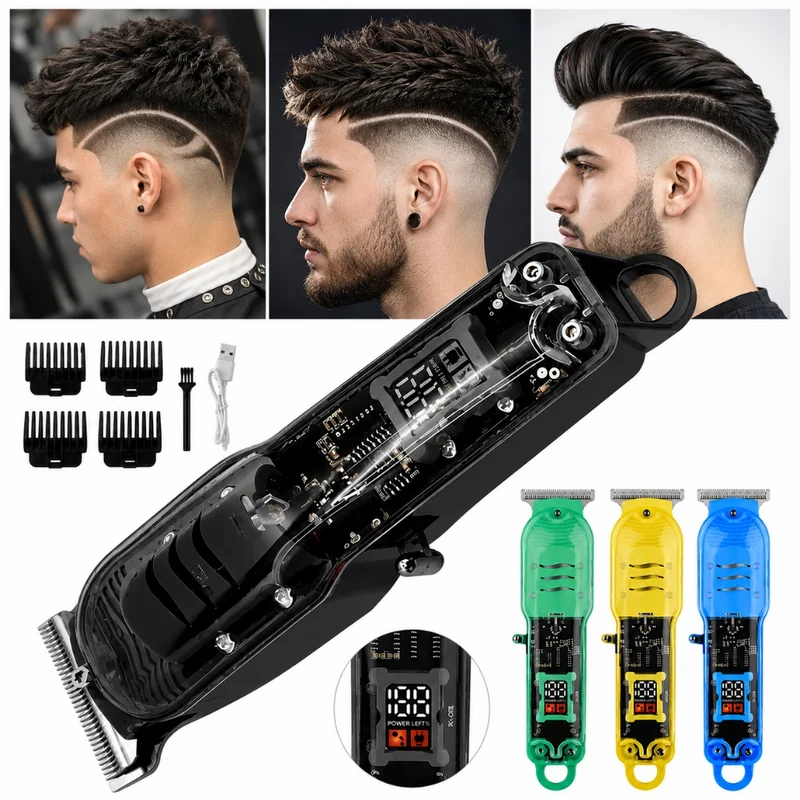 Máquina de Cortar Cabelo Profissional Sem Fio Barbeador Elétrico Smart LCD Transparente Recarregável Masculino