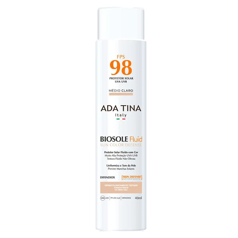 Ada Tina Biosole Fluid Sun Color Defense FPS 98 Médio Claro - Protetor Solar com Cor 40ml