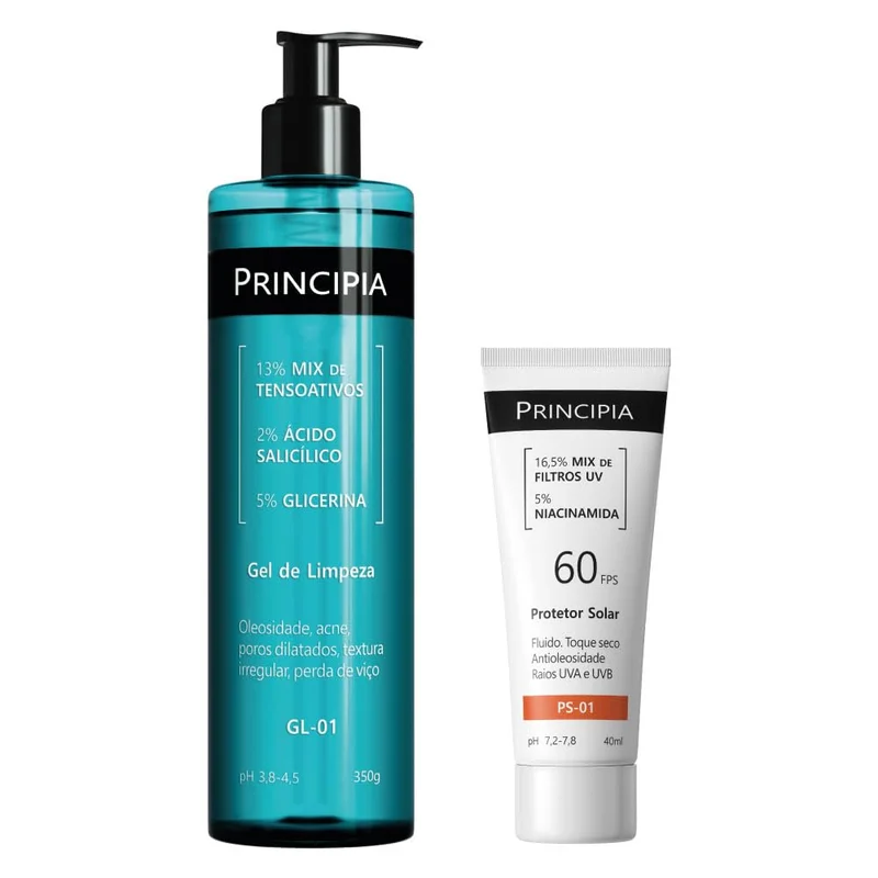 PRINCIPIA, Kit com duas fórmulas com alta eficácia um gel de limpeza com mix de tensoativos + salicílico + glicerina e um protetor solar fluido antioleosidade com mix de filtros UV + niacinamida, FPS 60, toque seco e com eficácia contra raios UVA e UVB.