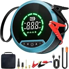 Compressor de ar Portatil Automotivo, Auxiliar De Partida e Calibrador de Pneu 2 em 1, PowerBank 10000mAh, Lanterna LED e Vários para Carros, Motos e Bicicletas