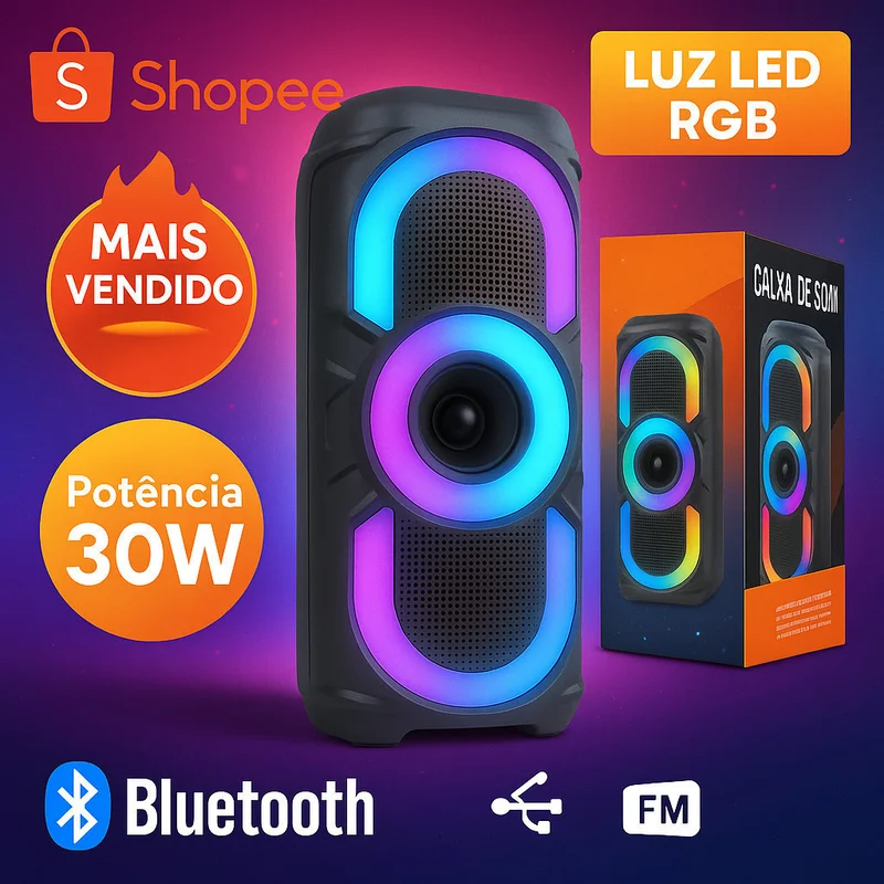 Caixa de Som Karaokê Bluetooth 50W Portátil LED RGB USB TWS Entrada P/ Microfone Estéreo Potente