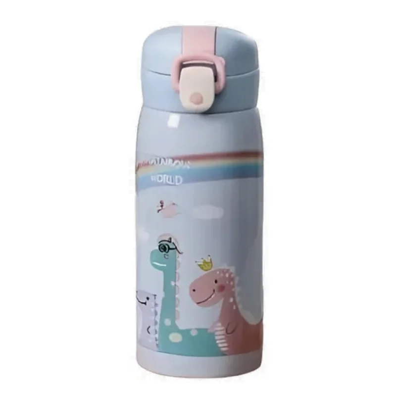 Garrafa Térmica Garrafinha Térmica Infantil Inox Canudo Trava 350 ml - Desenho dinossauro Coelho Carneiro Panda - TYDA (DINO AZUL)