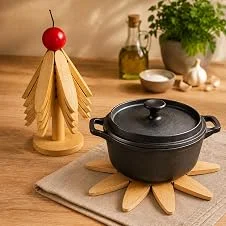Kit com 5 Descansos de Panela em Bambu e Suporte Organizador Decorativo em Formato de Árvore, Apoio Resistente ao Calor para Panelas e Travessas, Protetor de Mesa e Decoração para Cozinha