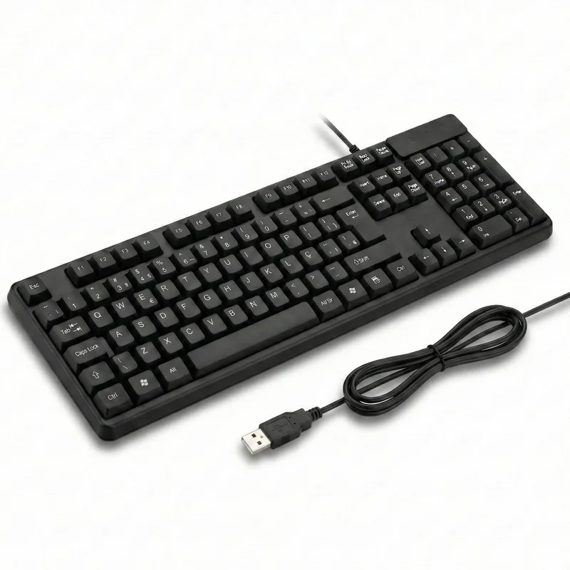 Teclado com Fio USB ABNT2 para PC e Notebook – Digitação Silenciosa, Conforto Ergonômico, Perfil Slim, Teclas Macias, Plug & Play, Alta Durabilidade, Ideal para Escritório, Estudos e Uso Diário