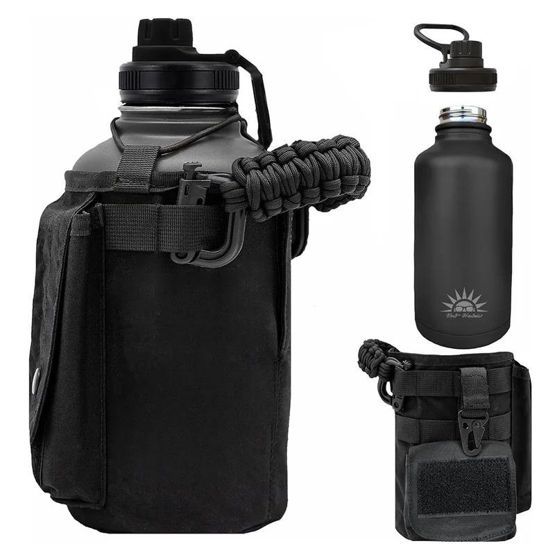 1.9 Litro Garrafa Térmica de Água Aço Inoxidável com Alça Paracord Bolsa de Armazenamento (Preto)