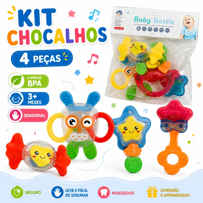 Kit Brinquedos para Bebê 4 Peças Chocalho Infantil Mordedor Educativo Coordenação Motora