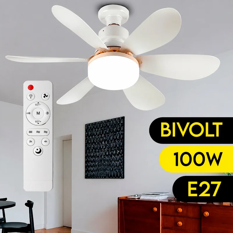 Ventilador Teto Com Luz 80W Integrada Silencioso Branco 5 Pás Com Controle Remoto E27