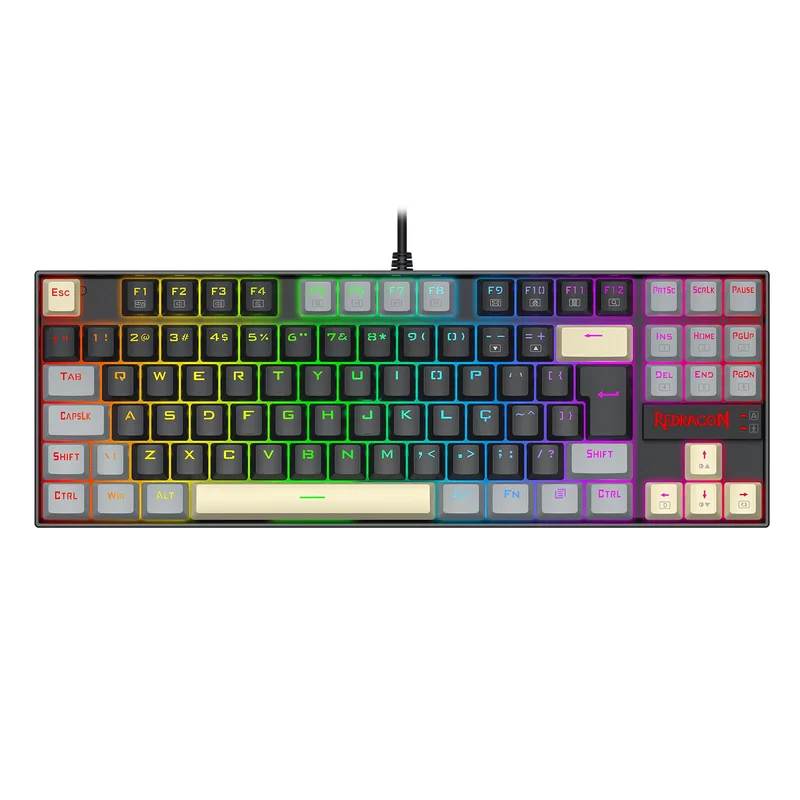 Teclado Mecânico Gamer Redragon Kumara RGB Preto Cinza e Amarelo Switch Marrom TKL K552LGY-RGB