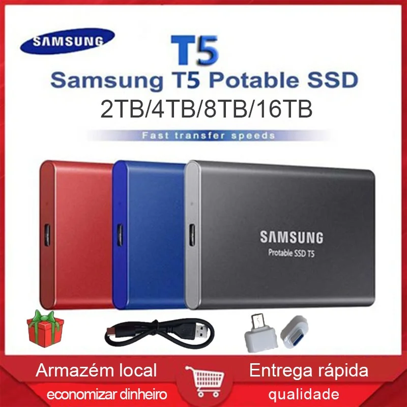 SAMSUNG T5 SSD Portátil 2TB 4TB 8TB 16TB Unidade De Estado Sólido Externa USB 3.1 Disco Rígido Externo HD