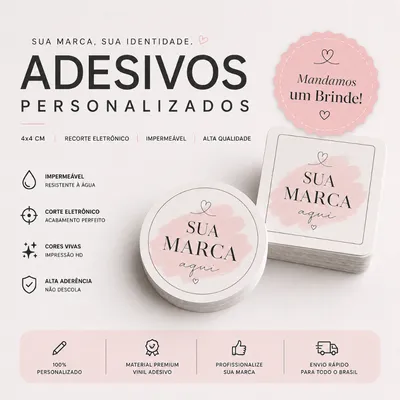ADESIVO PERSONALIZADO 4x4 CM | RECORTE ELETRÔNICO | IMPERMEÁVEL | LOGO DA SUA MARCA + BRINDE!