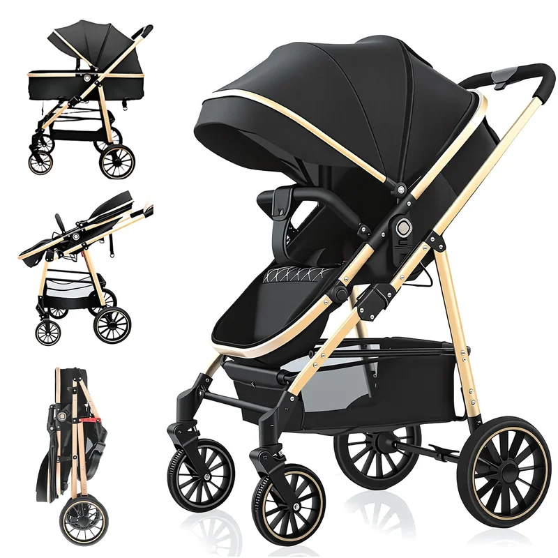 Carrinho de Bebê 2 em 1, Carrinho Bebê Portátil dobrável, Cadeira ajustável, Cesta de dormir removível, Peso máximo suportado 15kg (Preto)