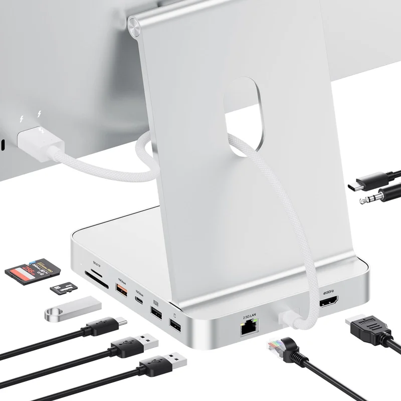 PULWTOP Hub USB C 11 em 1 atualizado para iMac 61.0 cm USB Hub 2021 2023 2024 suporta SSD M.2 (não incluído), acessórios iMac Hub M1 M3 M4, 4K HDMI, 2,5 G Ethernet, 5 USB A/C Max 10Gbps, SD/TF - Prata