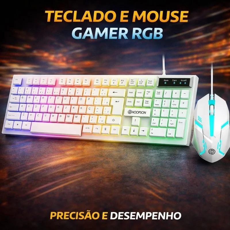 Kit Gamer Teclado + Mouse Branco RGB LED USB ABNT2 profissional– Iluminado, Conforto e Performance