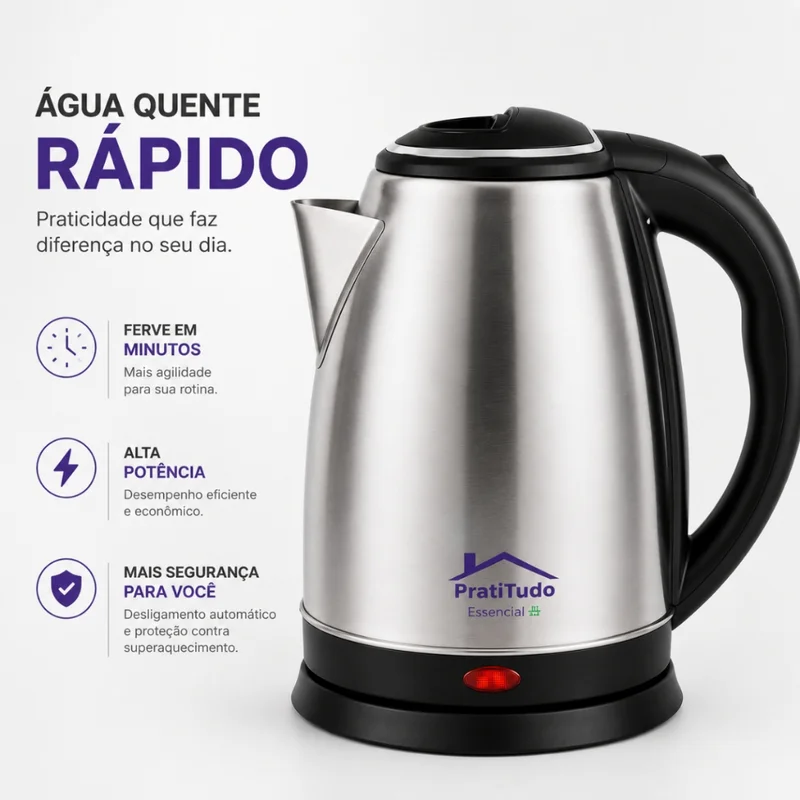 Chaleira Elétrica Inox 1,8L 1000W ou 1200W Desligamento Automático - Bule Jarra Cafeteira Elétrica Aquece Água Rápido