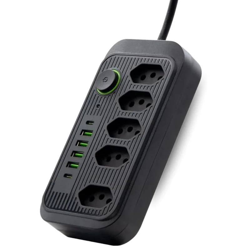 Extensão de Energia Filtro de Linha Régua de Energia com 5 Tomadas 4 USB-A e 2 USB Tipo-C Cabo 2 Metros Bivolt 110-220V Potência 2500W e Carregamento Inteligente Linha Premium (Preto)