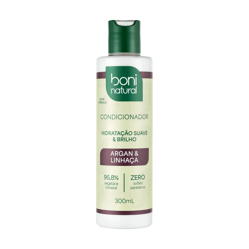 BONI NATURAL - Condicionador Vegano e Natural, Argan e Linhaça, Cabelos Macios e Saudáveis, 300ml