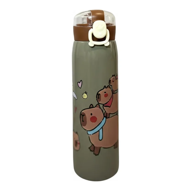 Garrafa Térmica Infantil de Aço Inox com Estampa de Capivara com Trava e Canudo de 500ml (Cinza)