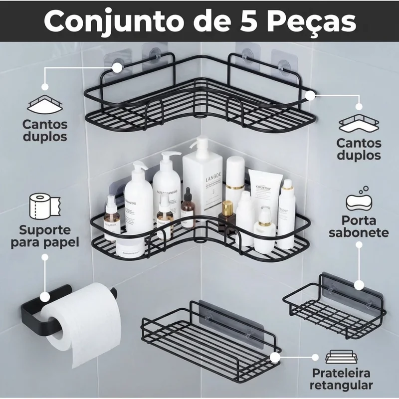 Kit De 2/3/4/5 Suportes Porta Shampoo Organizador De Metal Para Banheiro Cozinha Prateleira Com Adesivos