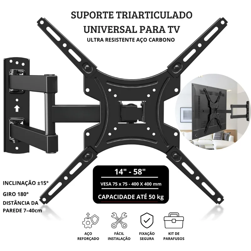 Suporte Articulado para TV e Monitor de 14 a 55 Polegadas Compatível com LED PLASMA e LCD