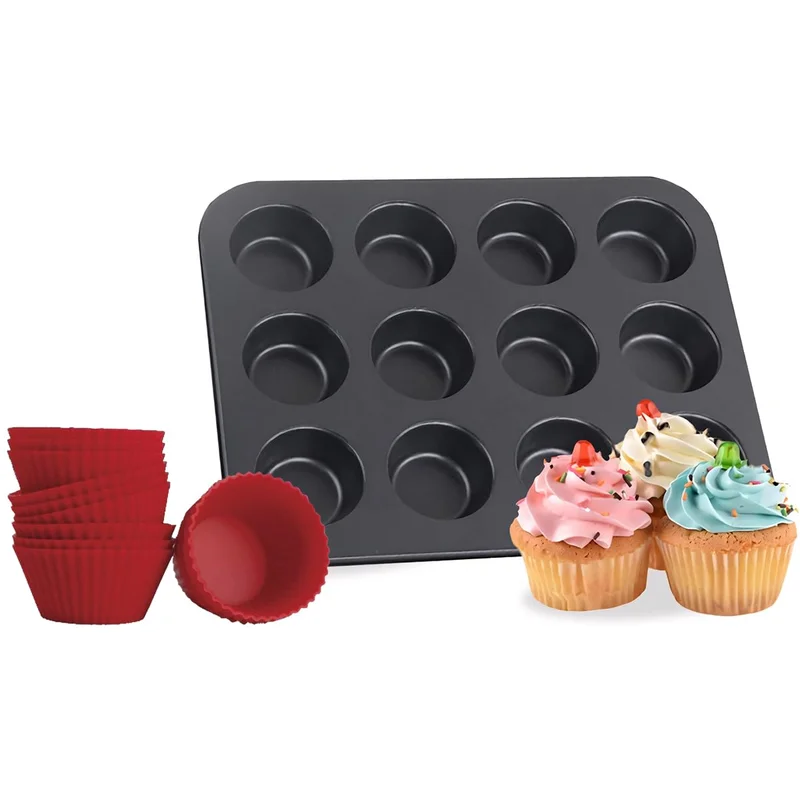Forma para Cupcake e Muffin - Assadeira com 12 Cavidades Antiaderente, Kit com 12 Forminhas de Silicone, Ideal para Mini Bolo e Air Fryer