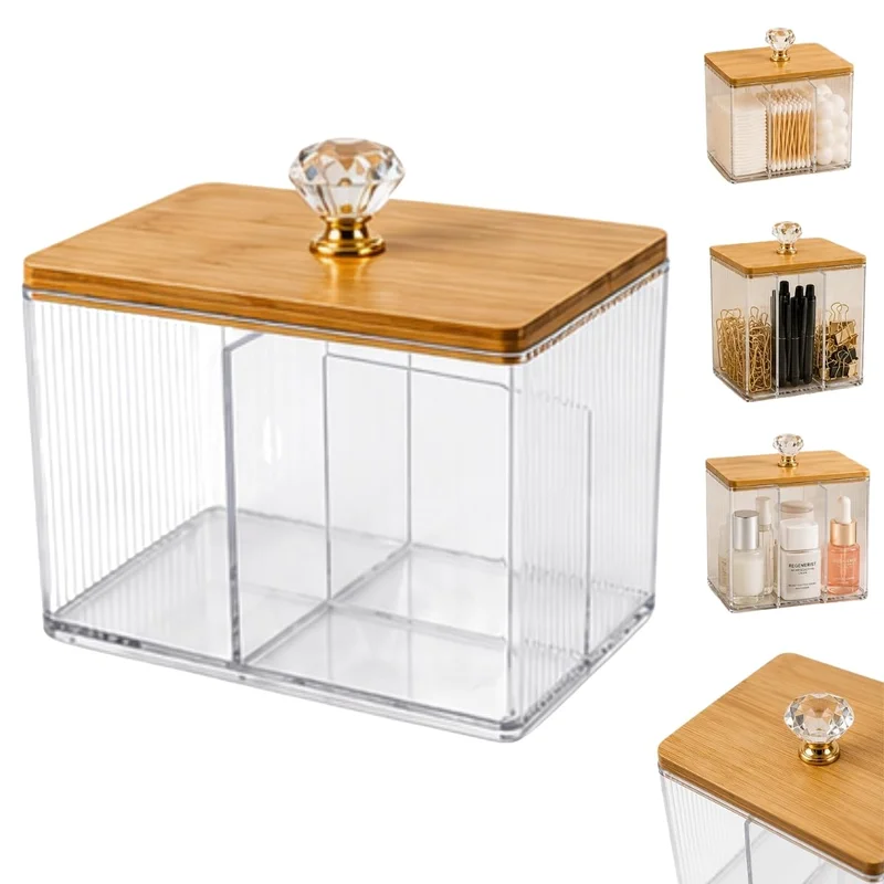 Organizador Acrílico com 3 Divisórias, Tampa de Bambu e Puxador Dourado, para Maquiagem, Banheiro e Penteadeira, Multiuso - Casa e Decoração