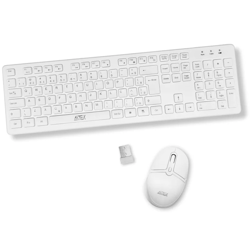 Kit Teclado e Mouse Sem Fio Branco 1.600 DPI com Dongle USB Wireless, Full Size 107 teclas, Membrana, Digitação Macia Silenciosa Compatível com PC Mac Notebook