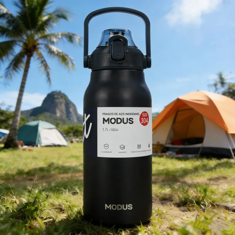 Garrafa Térmica de Aço Inoxidável 1700ml com Abertura por Pressão, Alça de Transporte e Base Antiderrapante de Silicone – Mantém a Água Gelada por até 24 Horas (Preto)