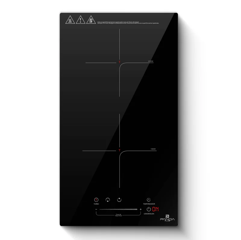 Cooktop Indução 2 Bocas PandaPlus 3500W Preto Turbo 220V Embutir Bancada Vitrocerâmico Touch Trava Segurança