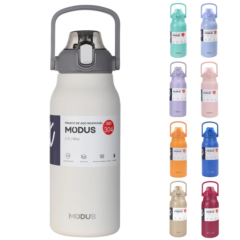 Garrafa Térmica De Viagem Inox 1700ml Água Com Canudo (Branco)