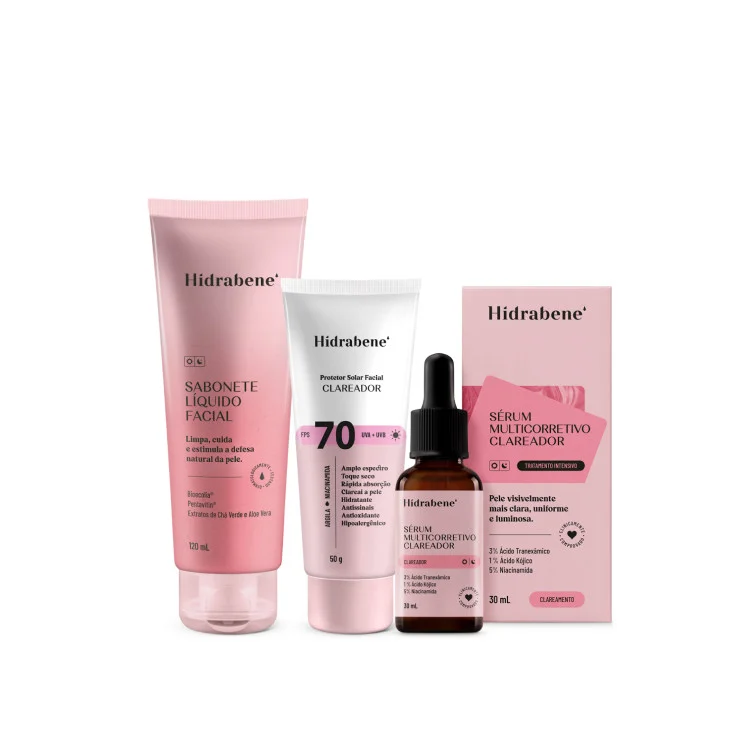 Kit Clareador Facial - Sabonete Líquido + Protetor Solar Clareador 70 FPS + Sérum Multicorretivo Clareador