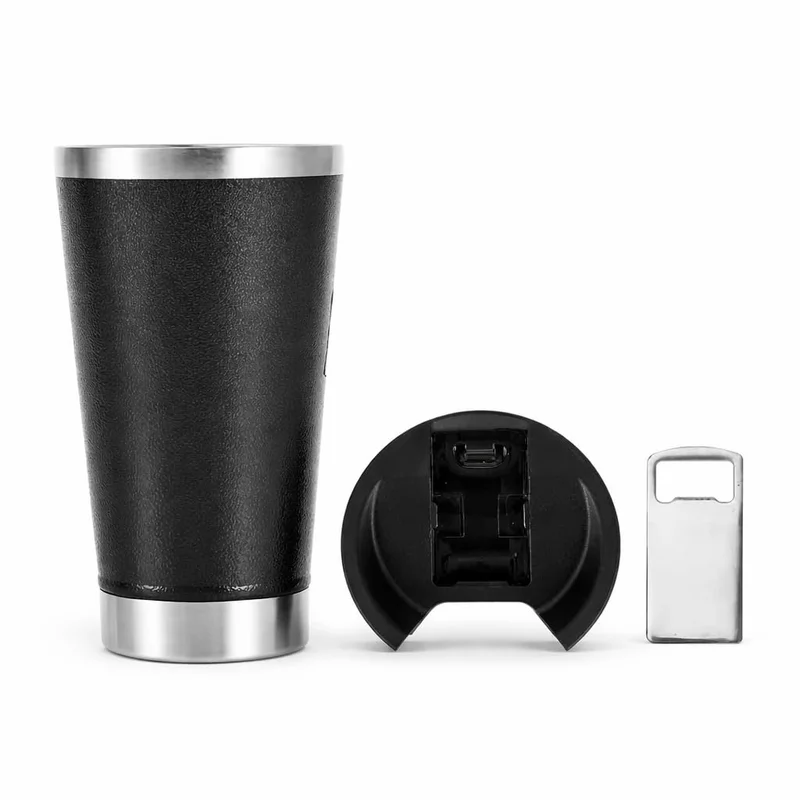 Copo Térmico para Cerveja 473ml, Inox Preto, Parede Dupla a Vácuo, com Tampa e Abridor