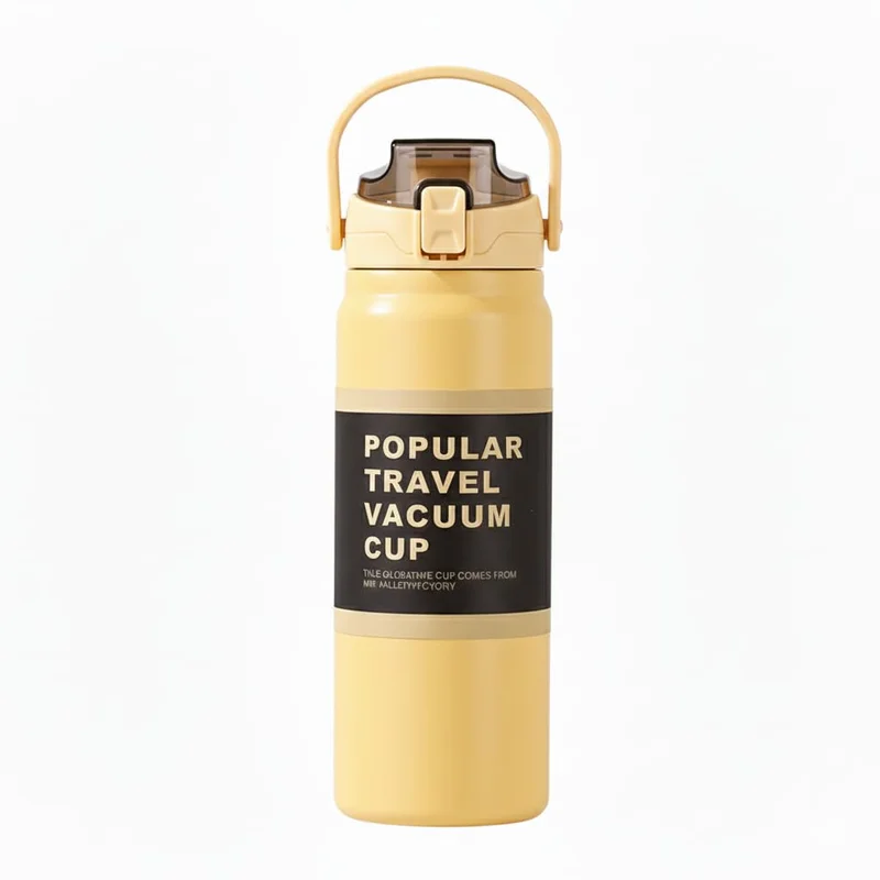 Garrafa Térmica em Aço Inox Grande com Canudo Alça e Trava Parede Dupla 900ML (Amarela)