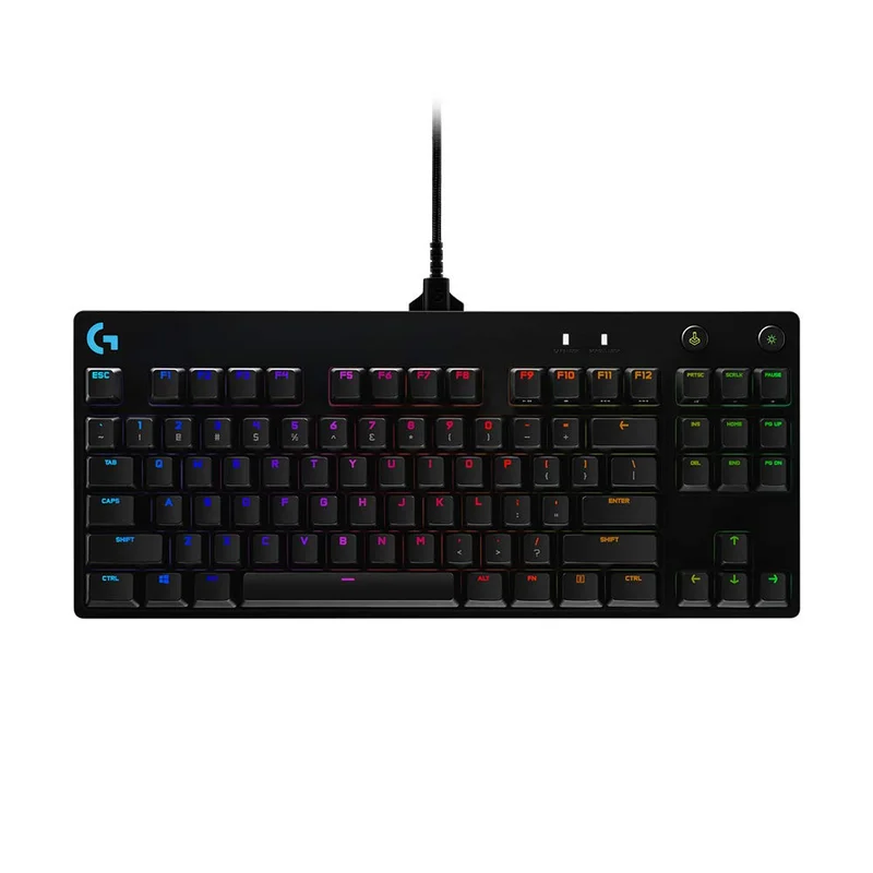 Teclado Mecânico Gamer Logitech G PRO com Layout US, RGB LIGHTSYNC, Design TKL, Cabo Destacável e Switch Exclusivo GX Blue Clicky | Cabo micro USB removível ultra portátil, 16,8 milhões de teclas iluminadas Lightsync coloridas