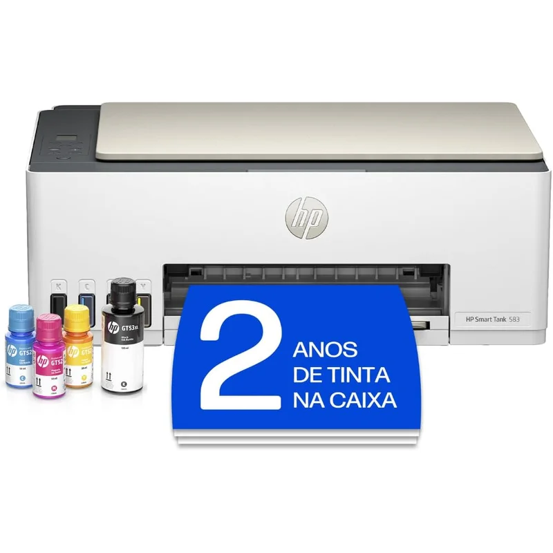 Impressora Multifuncional HP Smart Tank 583 Tanque de Tinta Colorida Wi-Fi com autorreparo, USB - Impressora, Copiadora e Scanner Cor: Branco (4A8D8A)