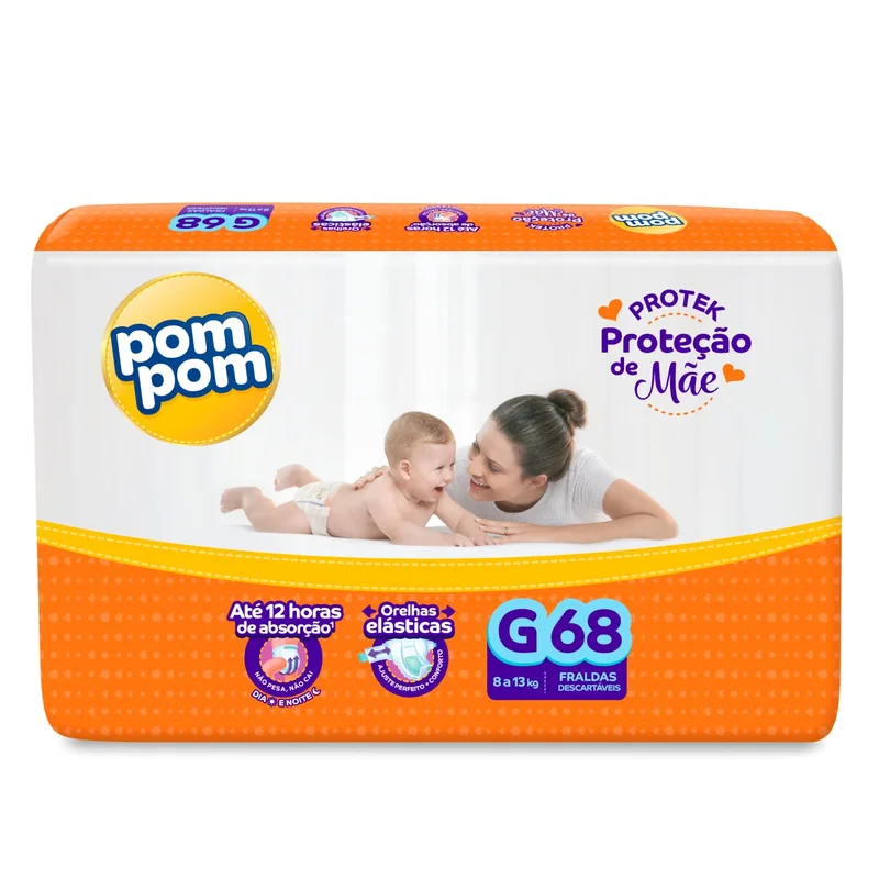 Fralda Pom Pom Protek Proteção de Mãe Hiper G 68 Unidades