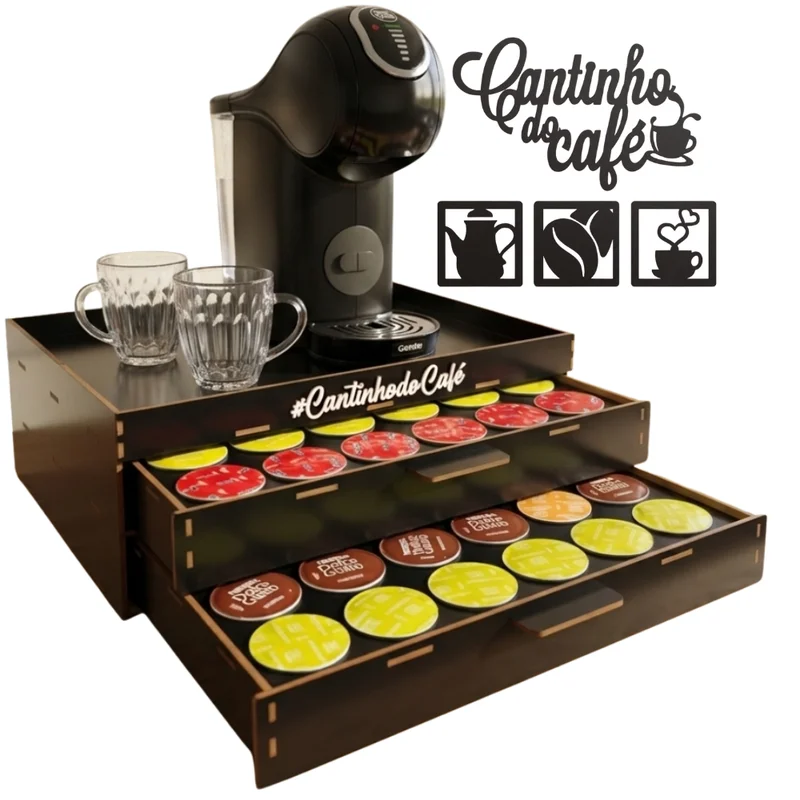 Bandeja Dolce Gusto 48 Cápsulas Preta Grande Placa Cantinho do Café 4 Peças Suporte Cafeteira Xícara