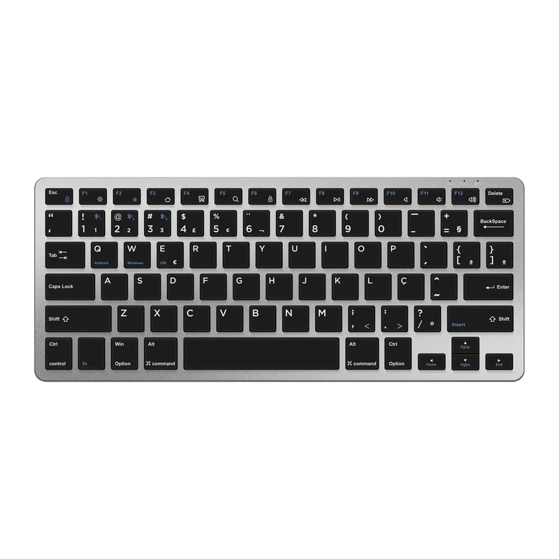 Geonav Teclado Multidispositivos Bluetooth, sem fio, Padrão ABNT2, Multissistemas, Teclas macias, Compacto, Autonomia de bateria, LED Indicador de bateria, OFTCW02SG, Cinza espacial/Preto