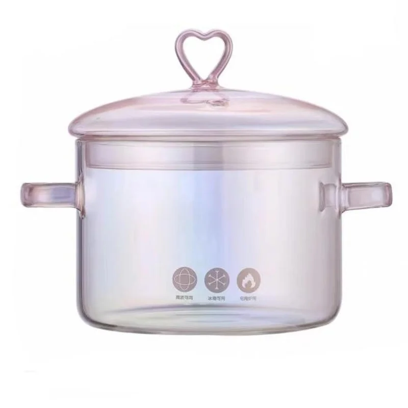 Panela de vidro rosa de 1,5 L, 1500 ml, panela de vidro, tampa em forma de coração, fácil de limpar, resistente ao calor, segura para forno, gás, fogões elétricos e máquinas de lavar louça.