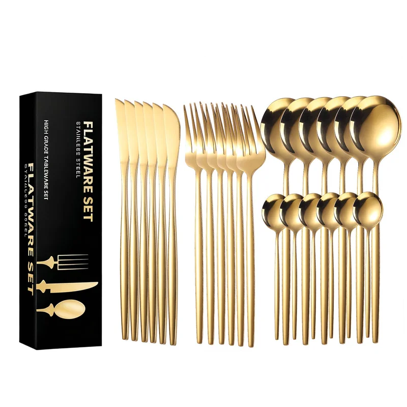 AUXOM Faqueiro 24 Peças em Aço Inox 416 - Jogo de Talheres Premium com Caixa Litografada, Polido e Espelhado de faca e garfo Conjunto para Mesa Posta e Utensílios de Casa/Restaurante (Dourado)