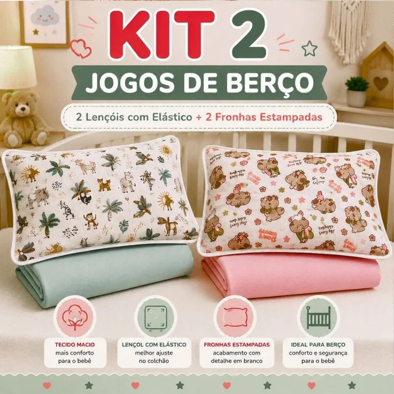 Kit 2 Jogo Lençol Para Berço 2 Lençol Liso Elástico + 2 Fronha Estampada 100% Algodão Menino E Menina