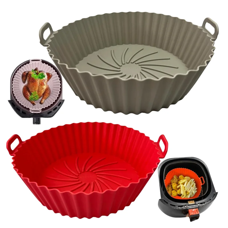 Kit com 2 Formas Redondas de Silicone 20 Cm, Reutilizáveis para Air Fryer Resistente ao Calor, Cesta de Silicone Livre de BPA, Antiaderente com Alça Pode ser Usada em Fornos e Microondas