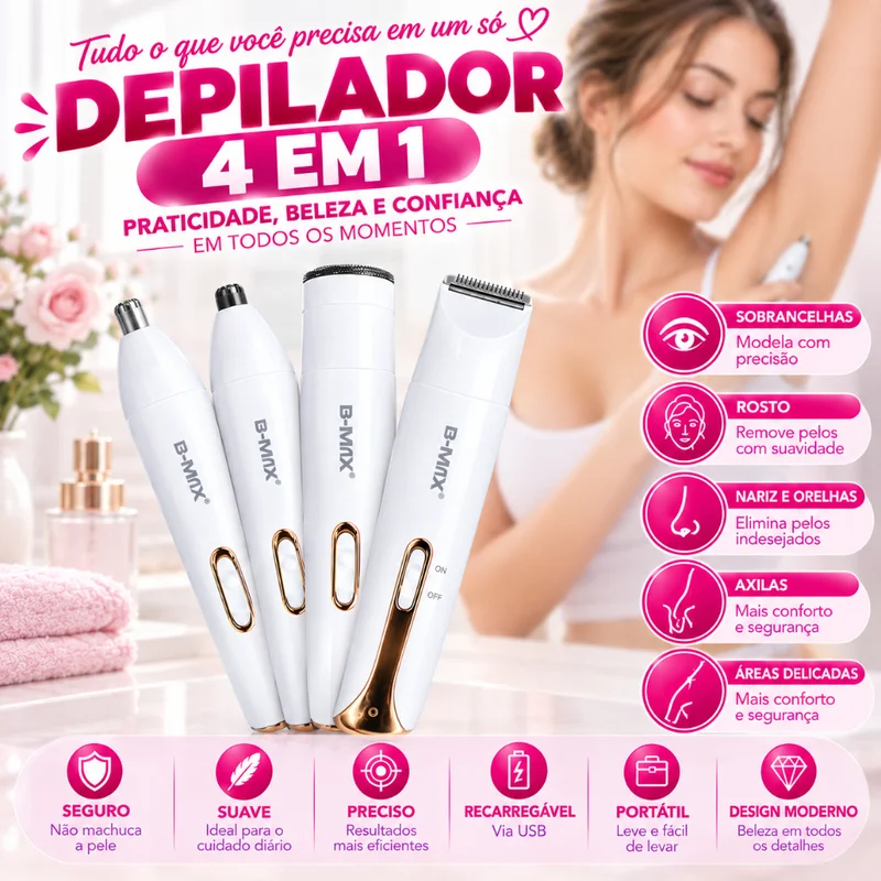 Depilador elétrico feminino 4 em 1, barbeador para remoção de pelos, corpo, pelos do nariz, pelos das axilas, barba reca