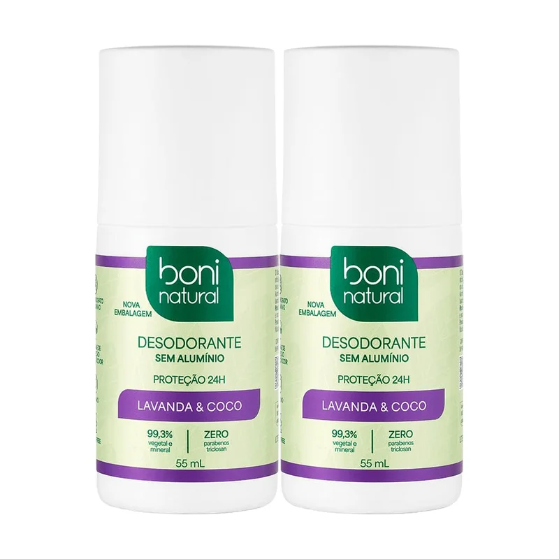 BONI NATURAL - Desodorante Roll-On sem Alumínio, Natural, Vegetal e Vegano, Coco e Lavanda, 55ml, 2 unidades Leve Mais Pague Menos