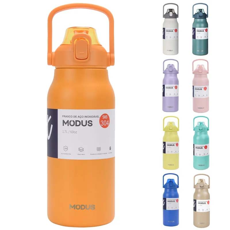 Garrafa Térmica De Viagem Inox 1700ml Água Com Canudo (Laranja)