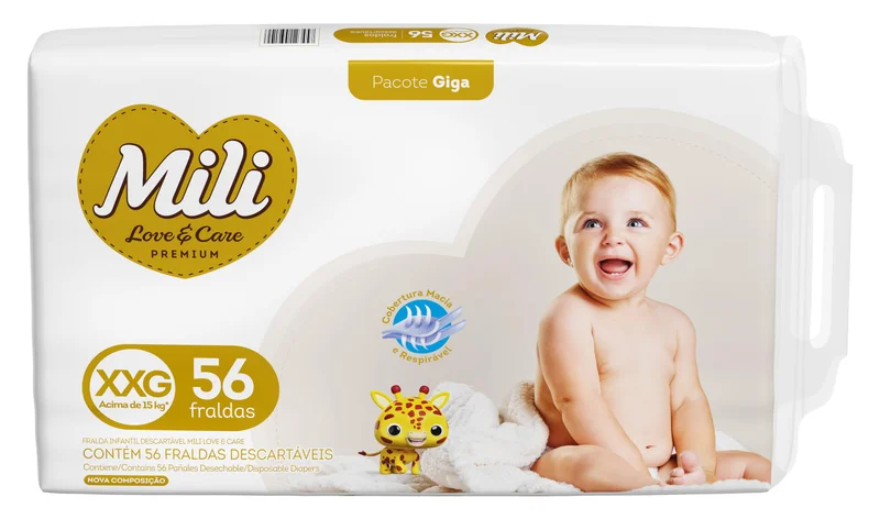 Mili Fralda Infantil Love & Care Tamanho XXG, Alta Absorção, Ajuste Confortável, 56 Unidades