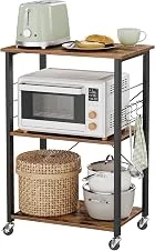 VASAGLE Estante de Cozinha com Rodas, Carrinho de Servir com 3 Prateleiras, Suporte para Micro-ondas, Forno Pequeno, Torradeira, com 6 Ganchos, Estilo Industrial, Marrom Rústico e Preto KKS60XV2