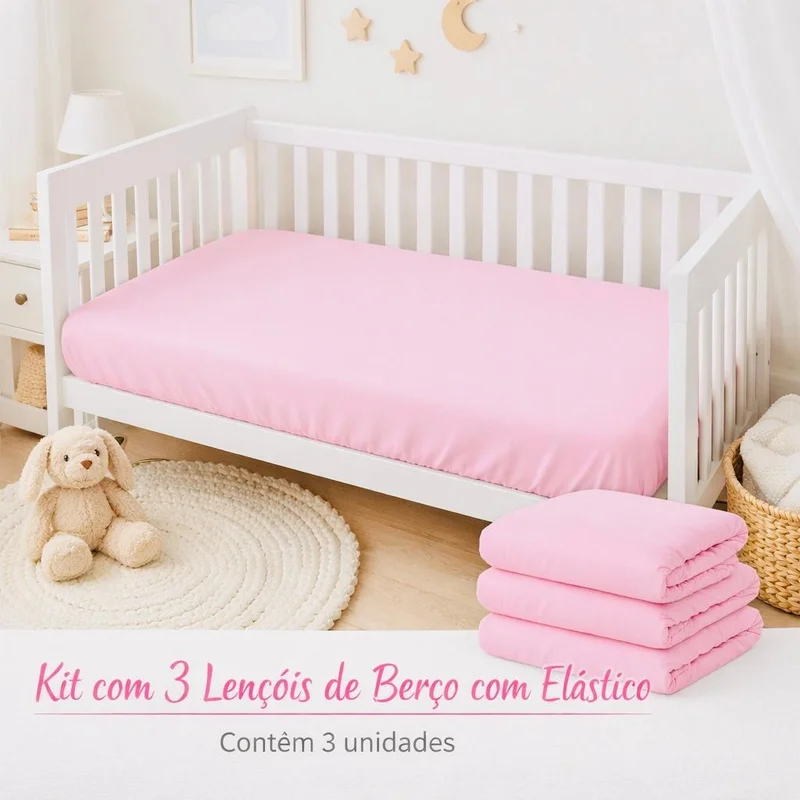 Kit 3 Lençol Berço Americano Percal 400 Fios Macio com Elástico 130x70cm Menina e Menino