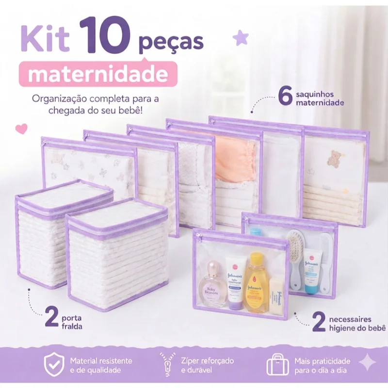 Kit 10 Peças Maternidade – 6 Saquinhos Organizadores + 4 Porta Fralda/Remédio Necessaire